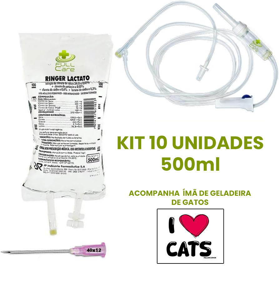 10 Kit Fluidoterapia c/ Solução Ringer Lactato 500ml Gatos