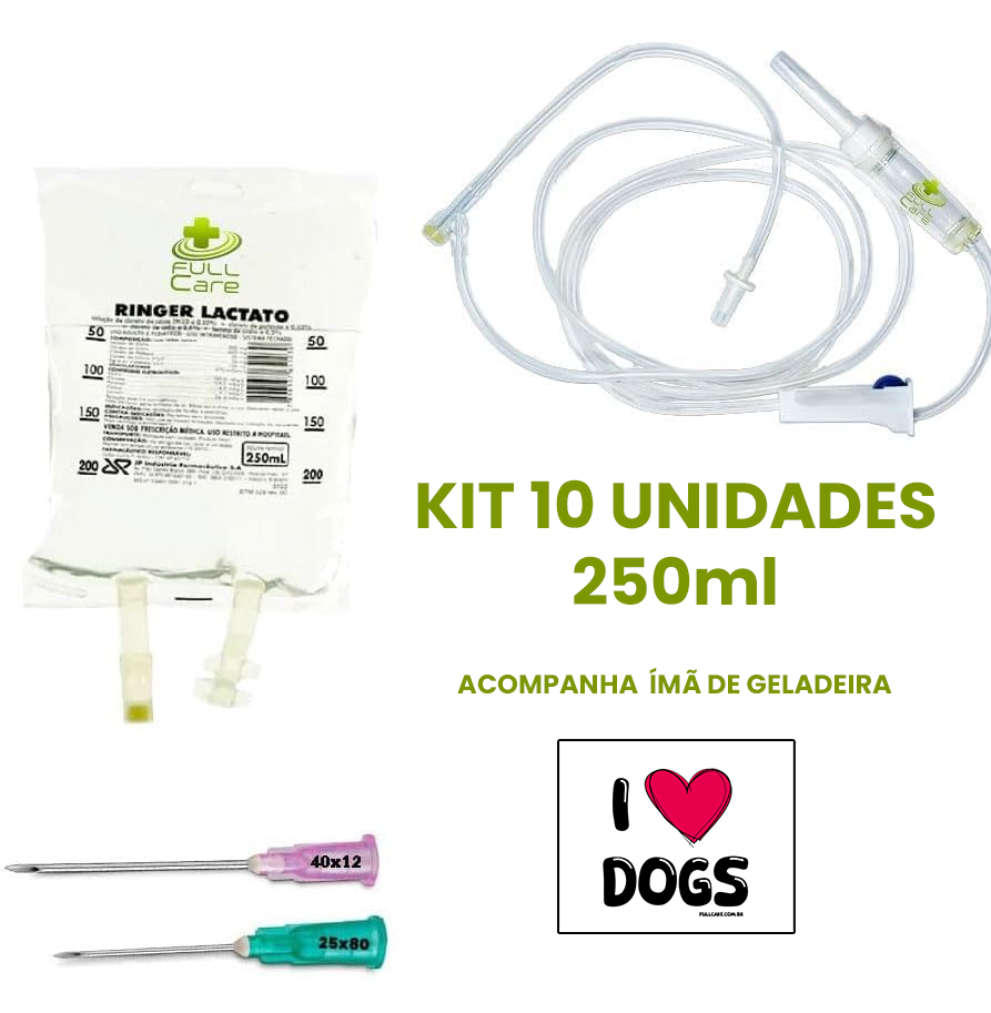 10 Kit Fluidoterapia Soro Ringer Lactato 250ml + Equipo + Agulha 25x80mm Cachorros
