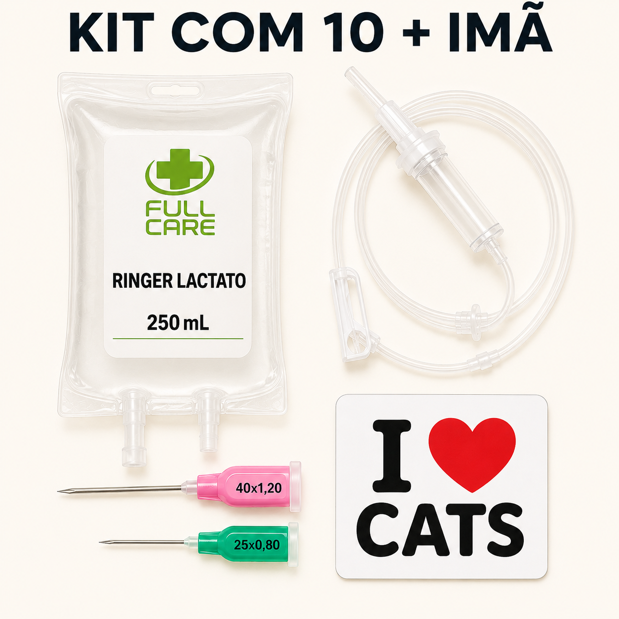 Kit Fluidoterapia 10 Unidades — Soro Ringer com Lactato 250ml + Equipo + Agulha Rosa e Verde + Brinde Ímã Gatinho