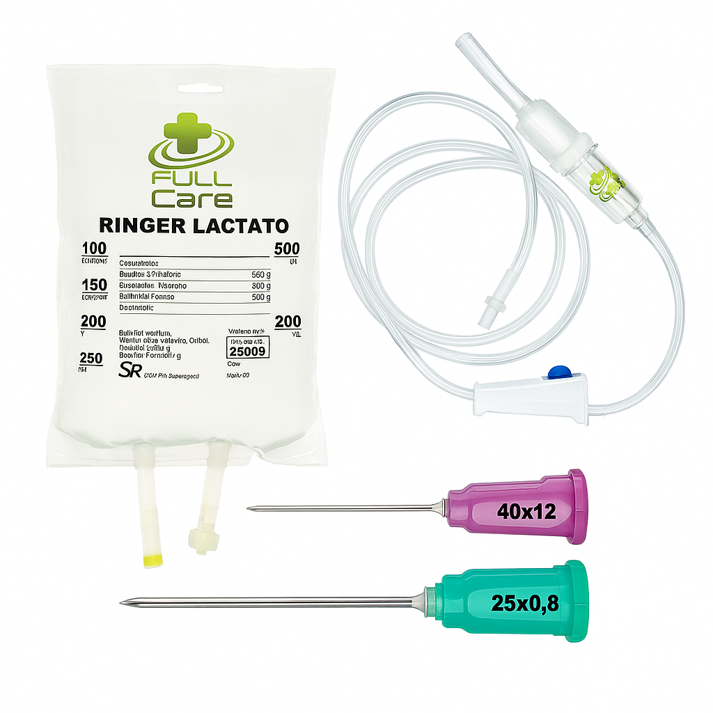Kit Fluidoterapia 10 Unidades Soro Ringer Lactato 250ml Equipo Agulha Rosa e Verde Veterinário