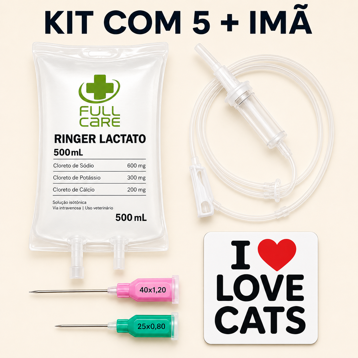 Kit Fluidoterapia 5 Unidades — Soro Ringer com Lactato 500ml + Equipo + Agulha Rosa e Verde + Brinde Ímã Gatinho