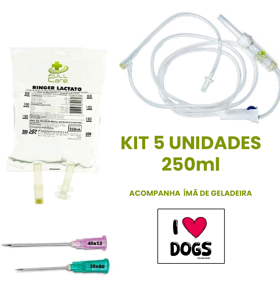 5 Kit Fluidoterapia Soro Ringer Lactato 250ml + Equipo + Agulha 40x12mm Cachorros