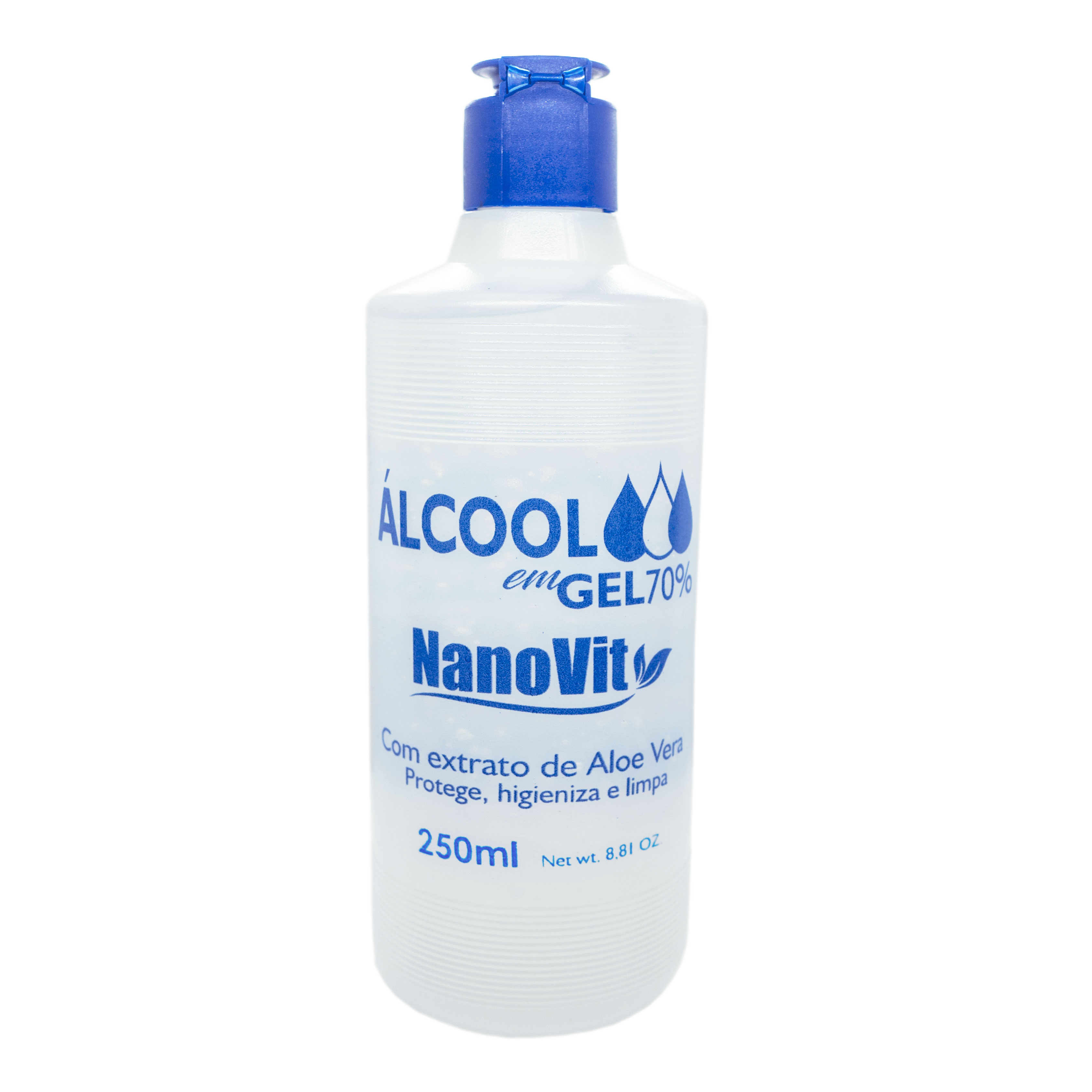 Alcool gel antisseptico 70 com 250 ml Nanovit com Aloe Vera