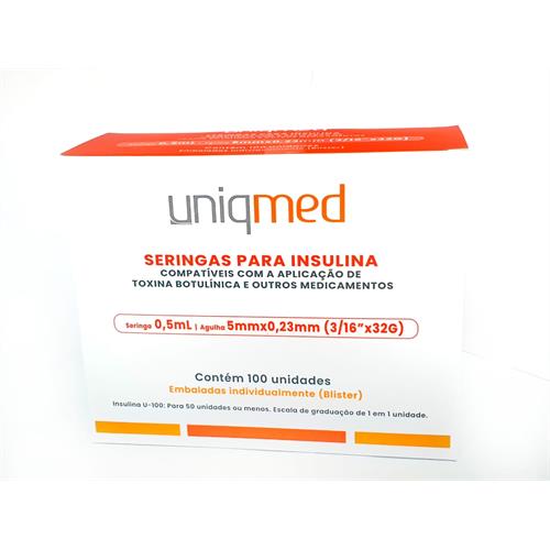 Seringas p/ Insulina c/Agulha 0,5ml 5mmx0,23mm 100 Unidades - Uniqmed